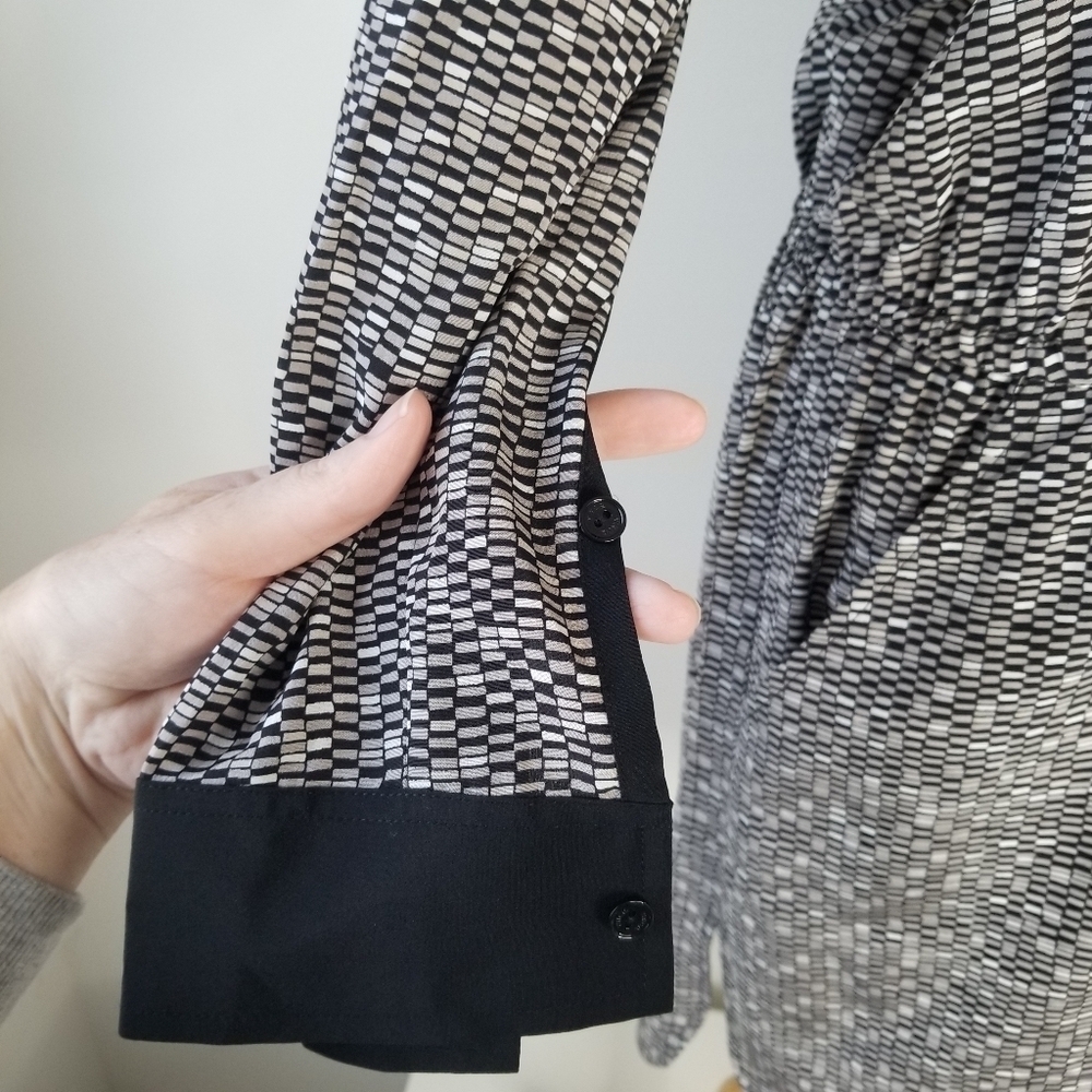 VINCE Drawstring 100% Silk Grid-Print Gray Dress Roll Tab Sleeves Size S - Picture 16 of 16